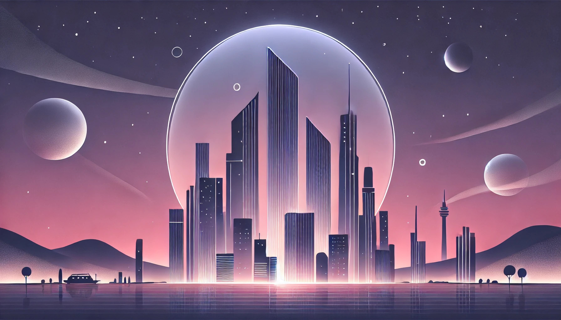 DALL·E 2024 07 14 23.48.32   A minimalist sci fi scene featuring a futuristic cityscape at dusk, with sleek, towering buildings and soft, glowing lights. The sky has a gentle grad